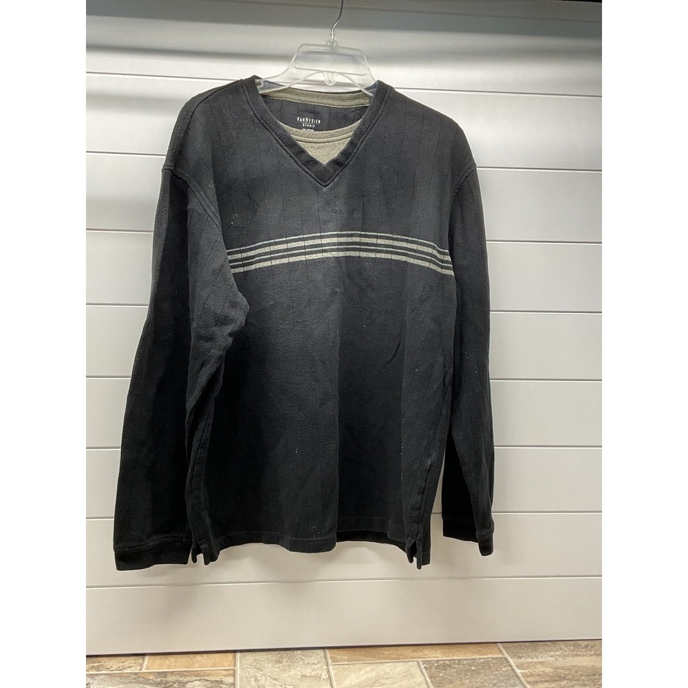 Van Heusen Studio Mens Black Olive Striped Layered V-Neck Pullover Sweater L